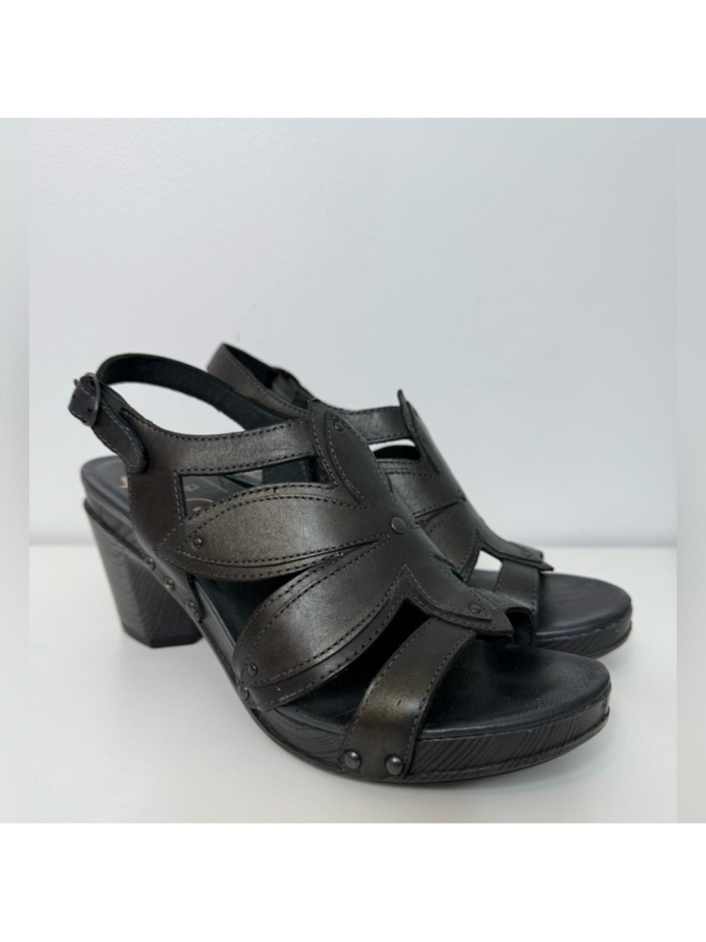 Dansko Nina Heeled Sandal Black Graphite Leather Platform Block Heel Women’s 10